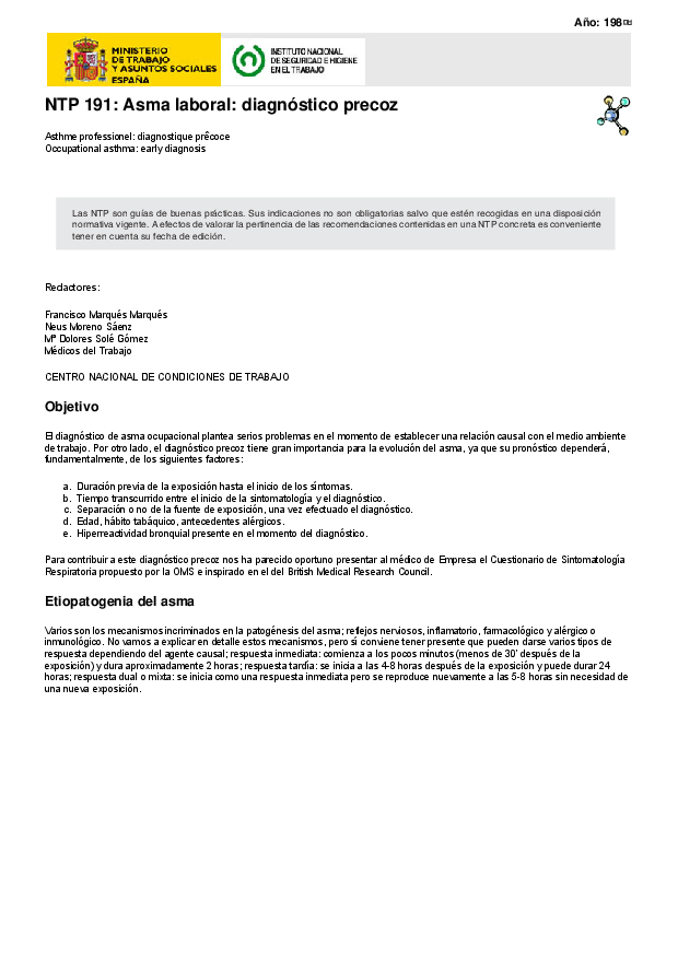 Primera página del documento NTP 191: Asma laboral: diagnóstico precoz