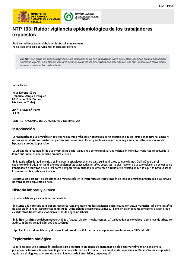 Primera página del documento NTP 193: Ruido: vigilancia epidemiológica de los trabajadores expuestos