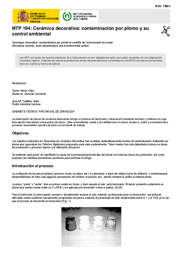 Primera página del documento NTP 194: Cerámica decorativa: contaminación por plomo y su control ambiental