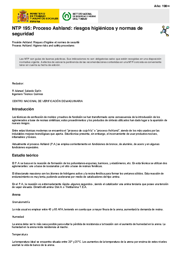 Primera página del documento NTP 195: Proceso Ashland: riesgos higiénicos y normas de seguridad