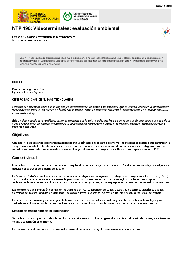 Primera página del documento NTP 196: Videoterminales: evaluación ambiental