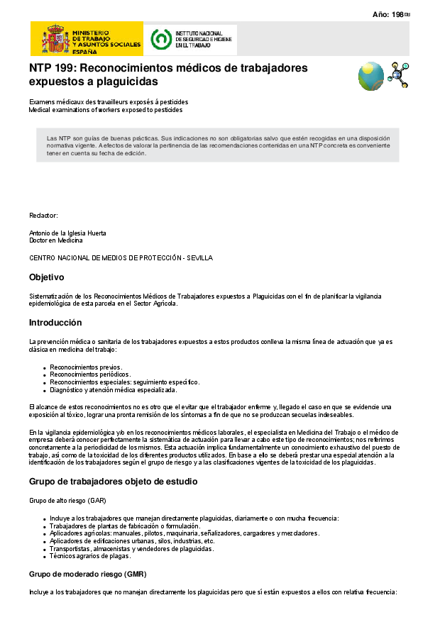 Primera página del documento NTP 199: Reconocimientos médicos de trabajadores expuestos a plaguicidas