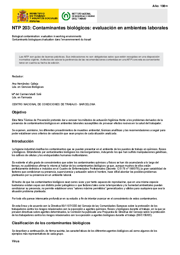 Primera página del documento NTP 203: Contaminantes biológicos: evaluación en ambientes laborales