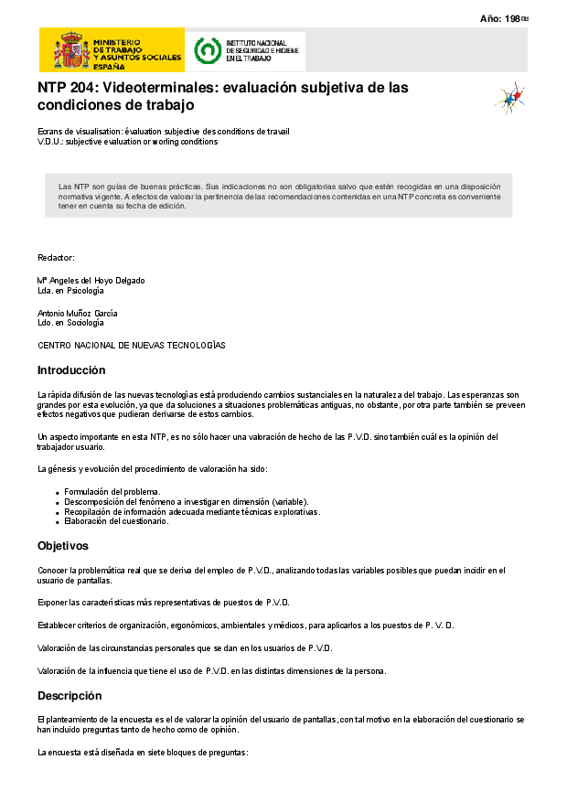 Primera página del documento NTP 204: Videoterminales: evaluación subjetiva de las condiciones de trabajo