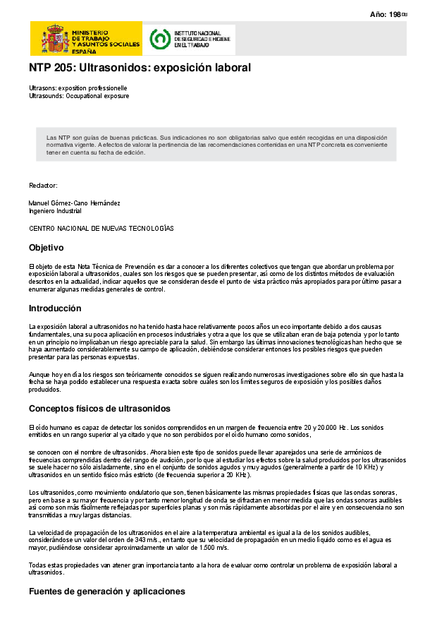 Primera página del documento NTP 205: Ultrasonidos: exposición laboral