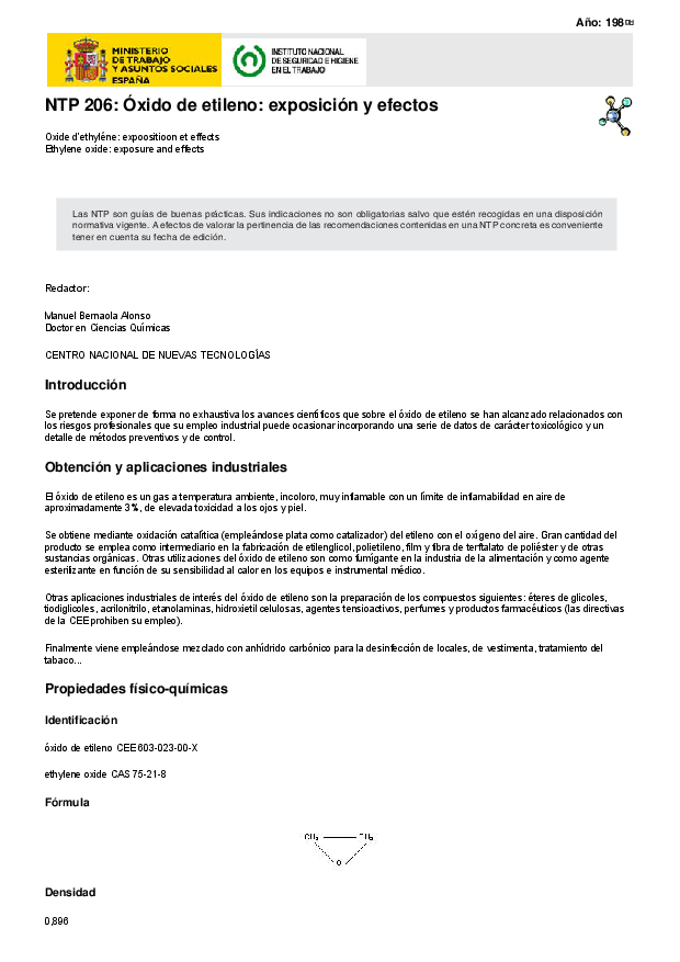 Primera página del documento NTP 206: Óxido de etileno: exposición y efectos
