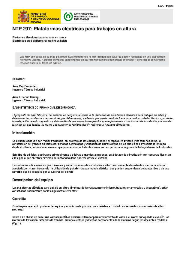 Primera página del documento NTP 207: Plataformas eléctricas para trabajos en altura