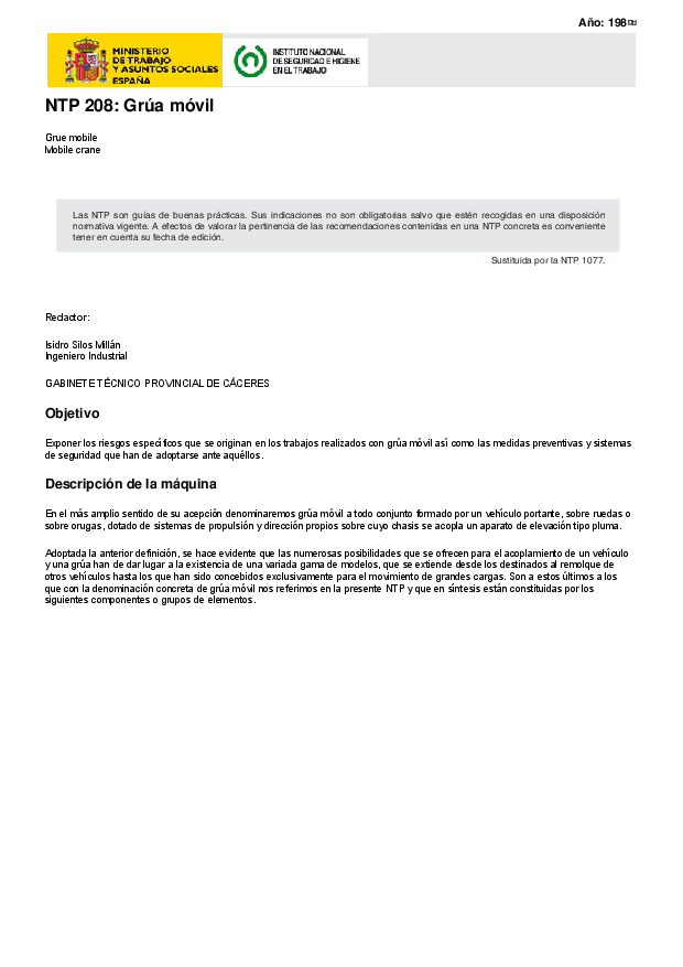 Primera página del documento NTP 208: Grúa móvil