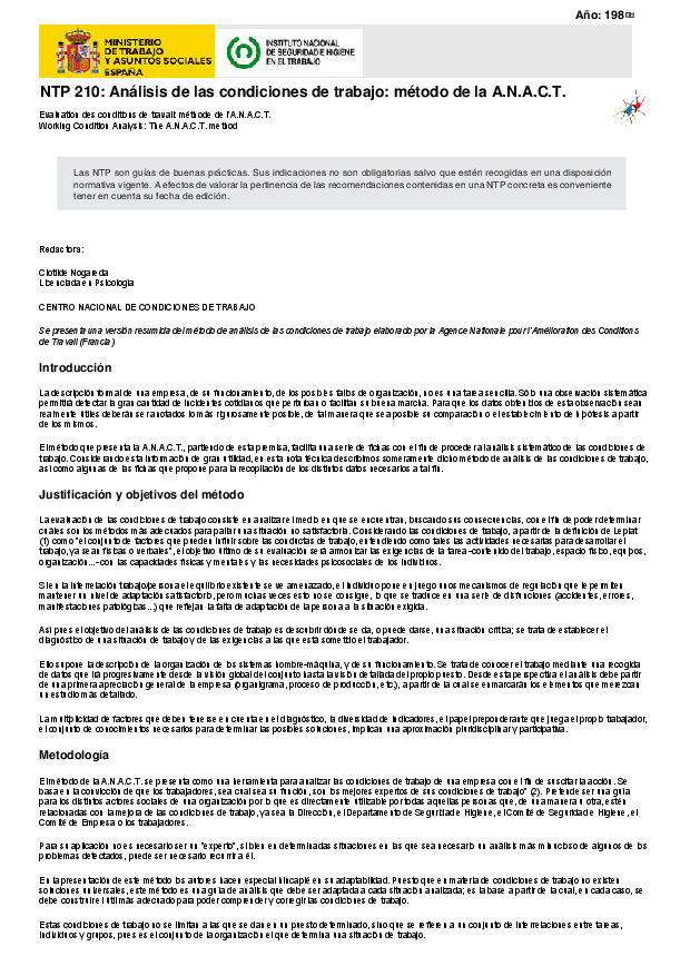 Primera página del documento NTP 210: Análisis de las condiciones de trabajo: método de la A.N.A.C.T.