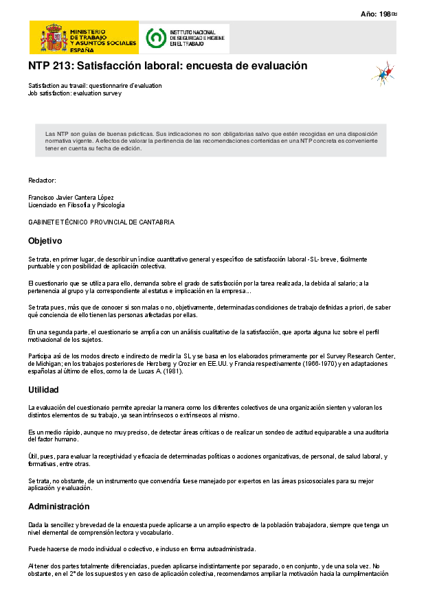 Primera página del documento NTP 213: Satisfacción laboral: encuesta de evaluación