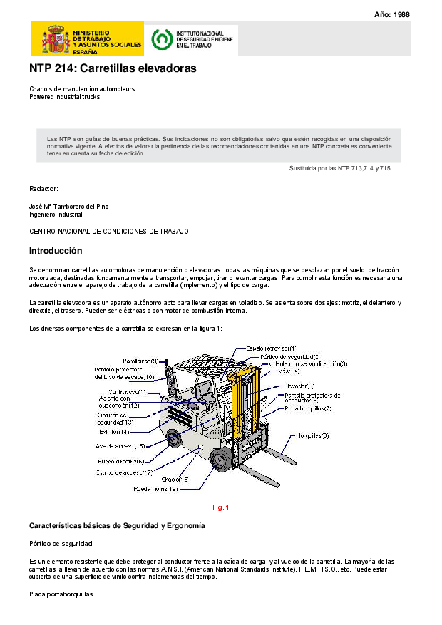 Primera página del documento NTP 214: Carretillas elevadoras