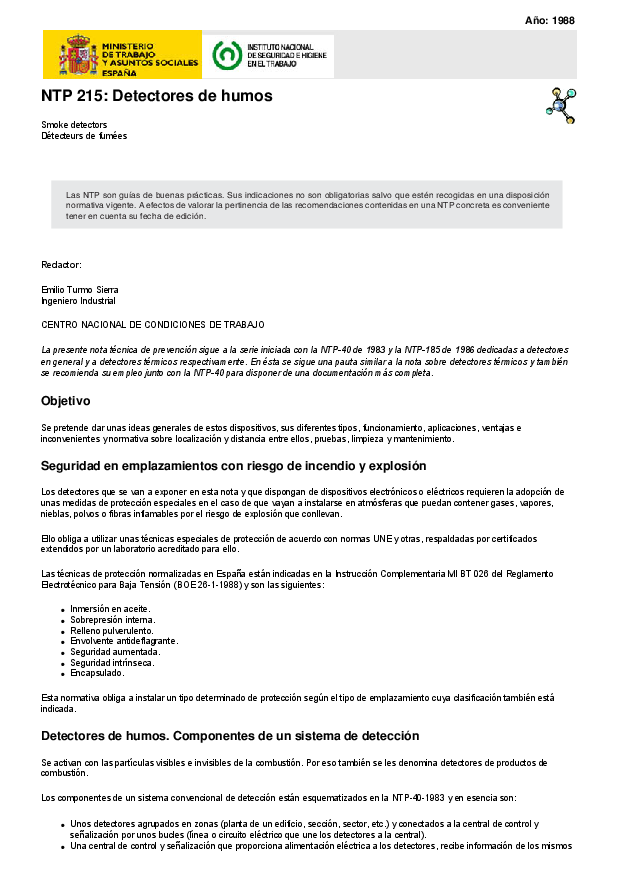 Primera página del documento NTP 215: Detectores de humos