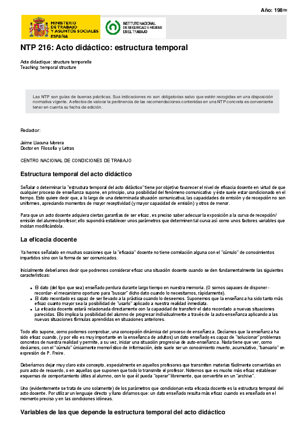 Primera página del documento NTP 216: Acto didáctico: estructura temporal