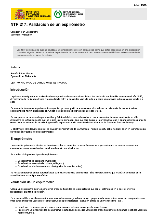 Primera página del documento NTP 217: Validación de un espirómetro