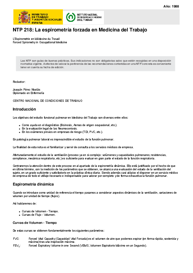 Primera página del documento NTP 218: La espirometría forzada en Medicina del Trabajo