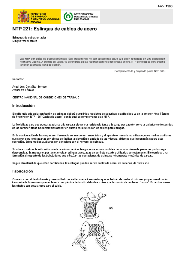 Primera página del documento NTP 221: Eslingas de cables de acero
