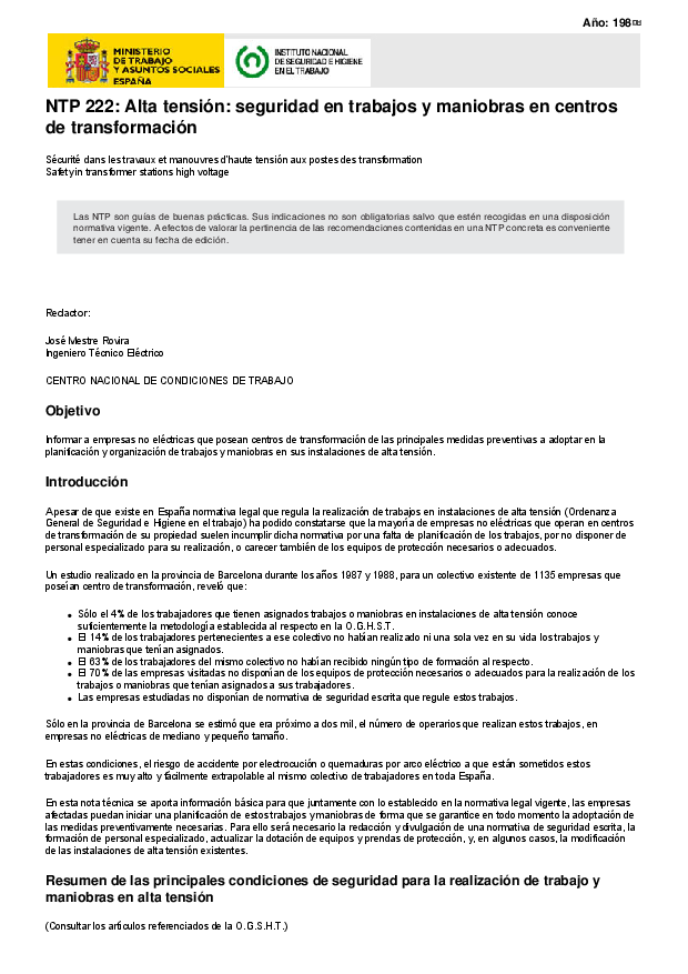 Primera página del documento NTP 222: Alta tensión: seguridad en trabajos y maniobras en centros de transformación