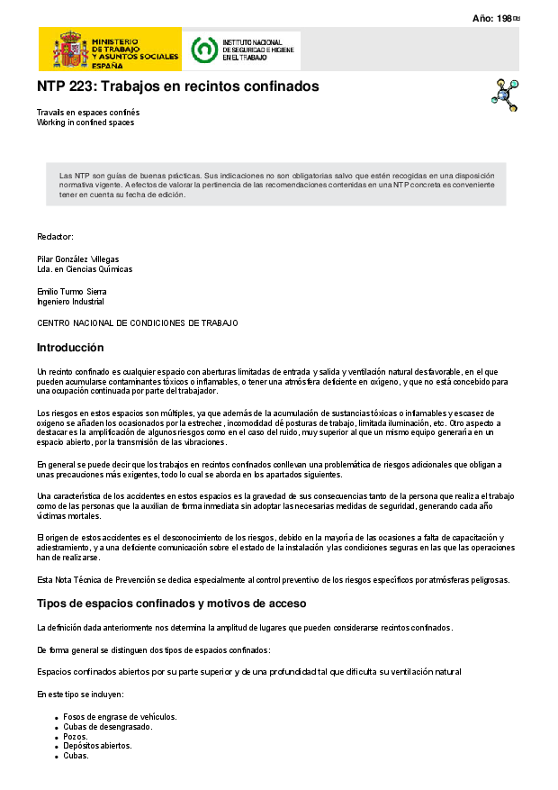 Primera página del documento NTP 223: Trabajos en recintos confinados