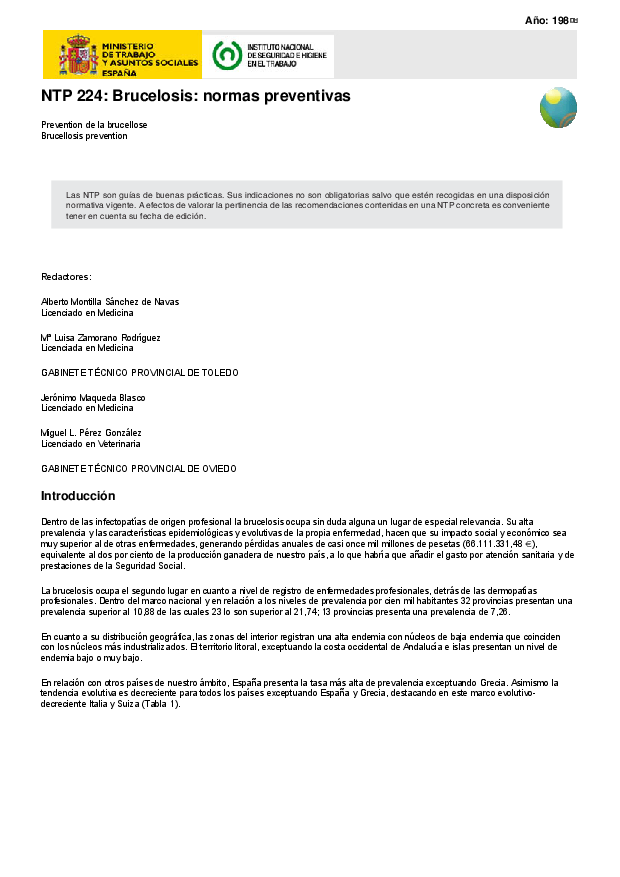 Primera página del documento NTP 224: Brucelosis: normas preventivas