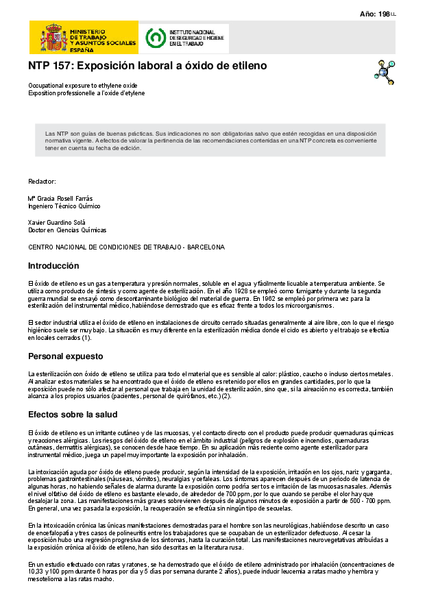 Primera página del documento NTP 157: Exposición laboral a óxido de etileno