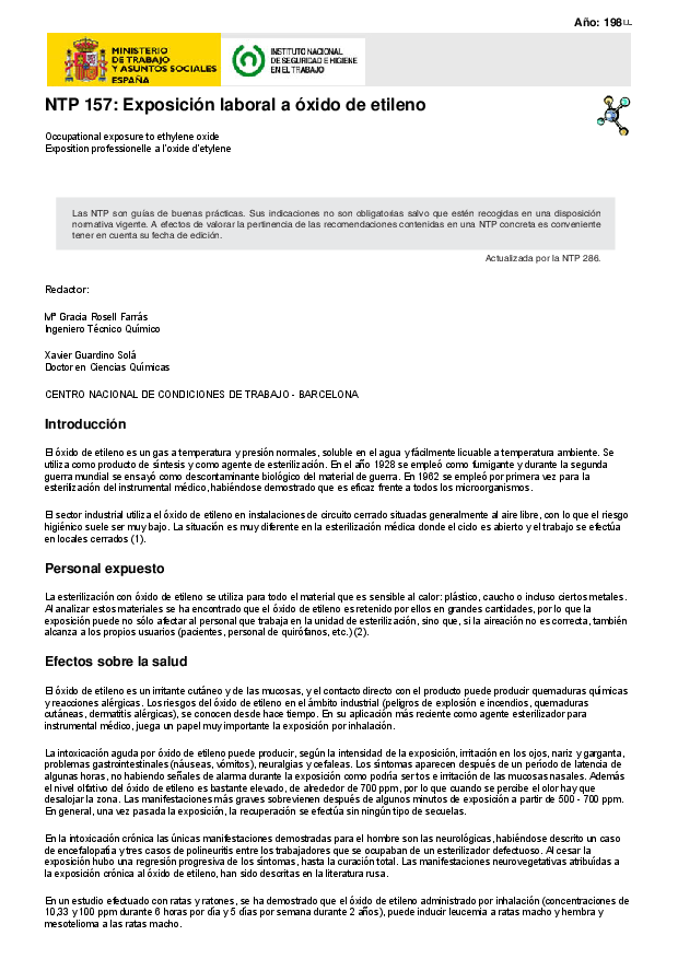 Primera página del documento NTP 157: Exposición laboral a óxido de etileno_duplicado