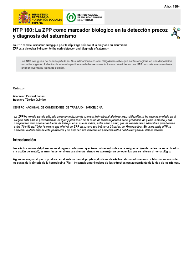 Primera página del documento NTP 160: La ZPP como marcador biológico en la detección precoz y diagnosis del saturnismo