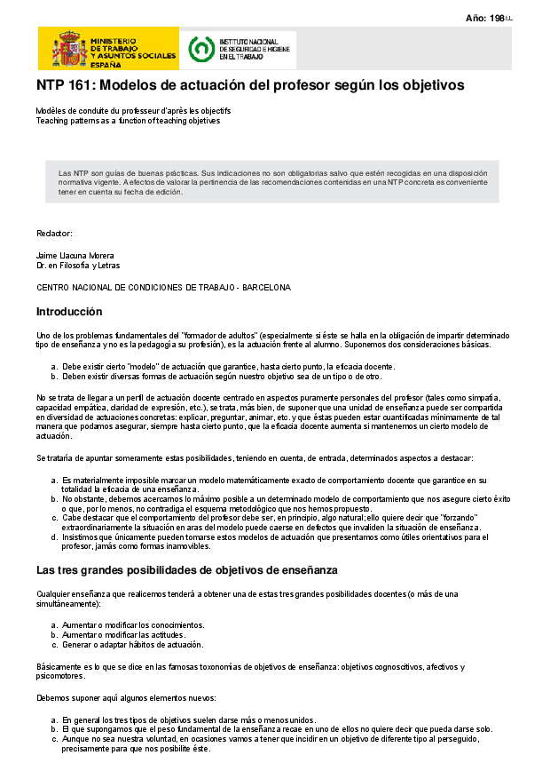 Primera página del documento NTP 161: Modelos de actuación del profesor según los objetivos