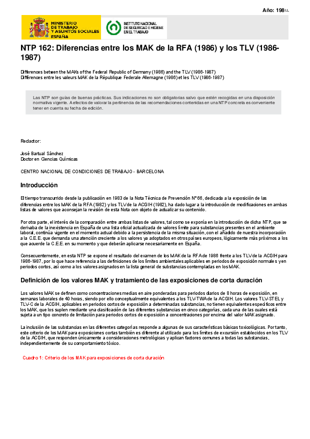 Primera página del documento NTP 162: Diferencias entre los MAK de la RFA (1986) y los TLV (1986-1987)