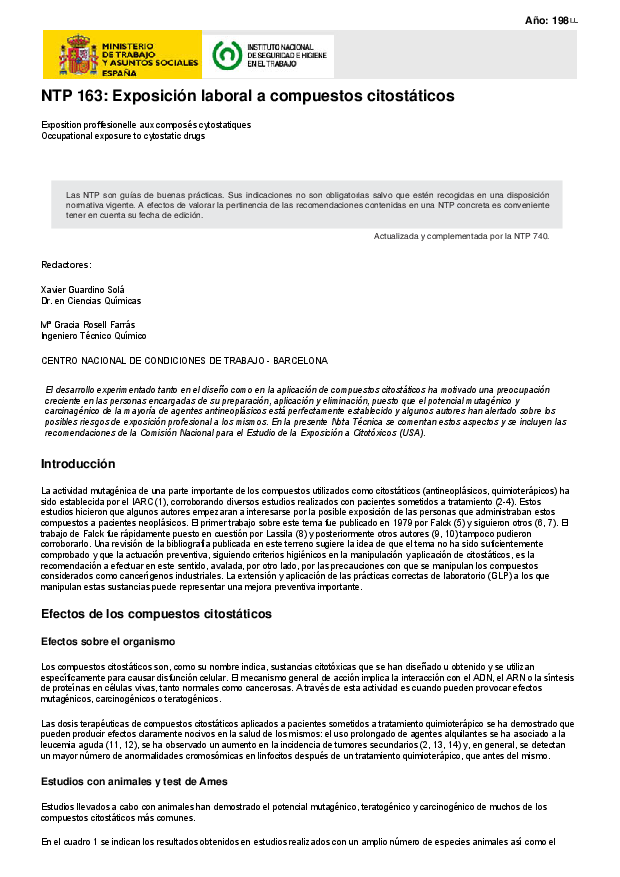 Primera página del documento NTP 163: Exposición laboral a compuestos citostáticos