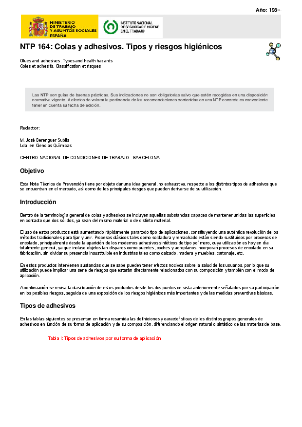 Primera página del documento NTP 164: Colas y adhesivos. Tipos y riesgos higiénicos