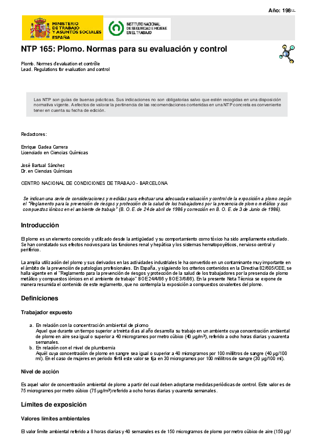 Primera página del documento NTP 165: Plomo. Normas para su evaluación y control