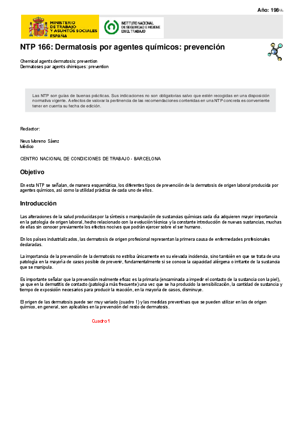 Primera página del documento NTP 166: Dermatosis por agentes químicos: prevención