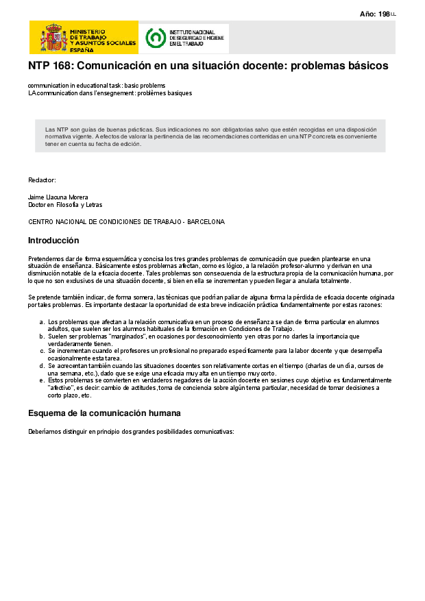 Primera página del documento NTP 168: Comunicación en una situación docente: problemas básicos