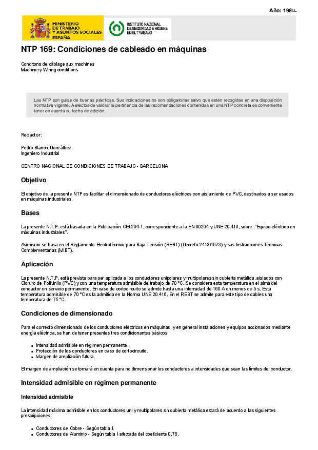 Primera página del documento NTP 169: Condiciones de cableado en máquinas