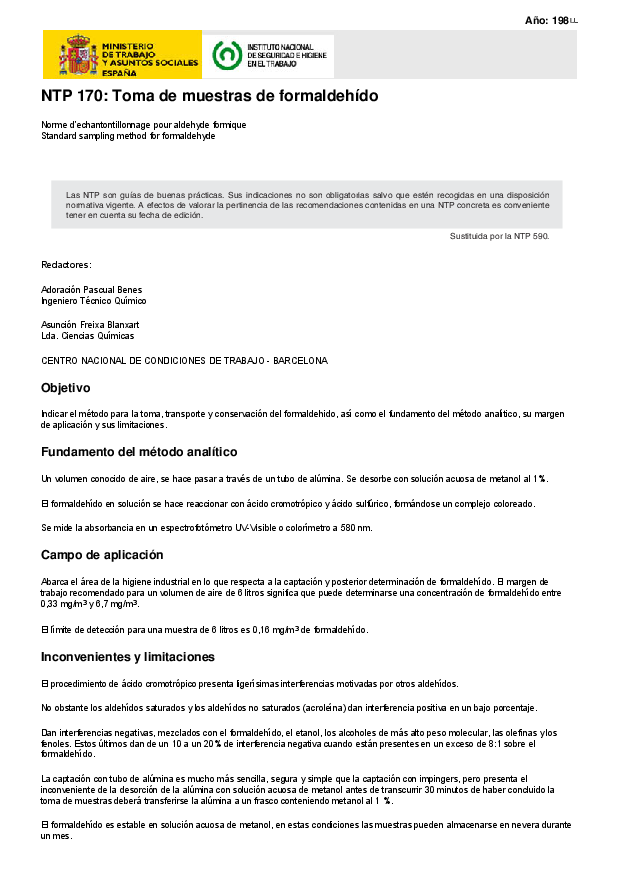 Primera página del documento NTP 170: Toma de muestras de formaldehido