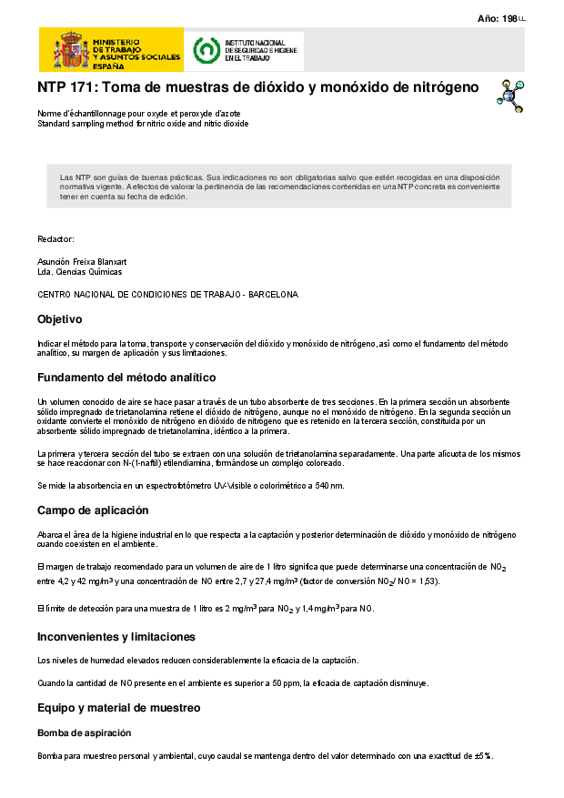 Primera página del documento NTP 171: Toma de muestras de dióxido y monóxido de nitrógeno