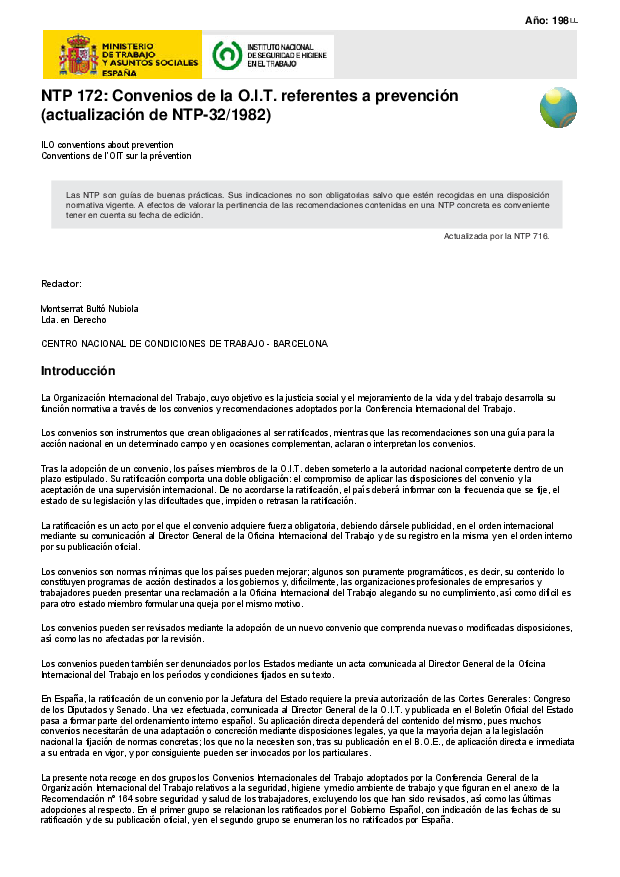 Primera página del documento NTP 172: Convenios de la O.I.T. referentes a prevención (actualización de NTP-32/1982)