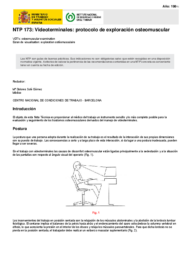 Primera página del documento NTP 173: Videoterminales: protocolo de exploración osteomuscular
