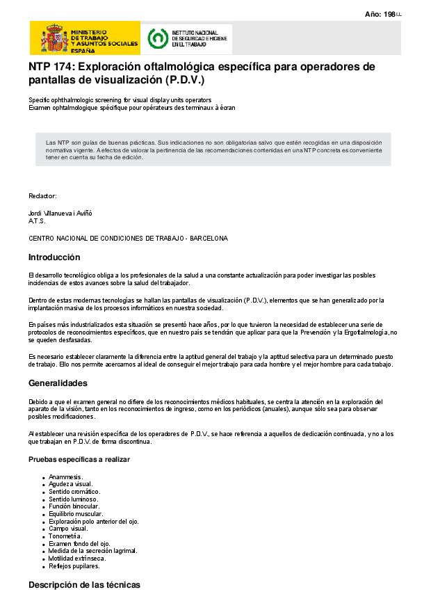 Primera página del documento NTP 174: Exploración oftalmológica específica para operadores de pantallas de visualización (P.D.V.)