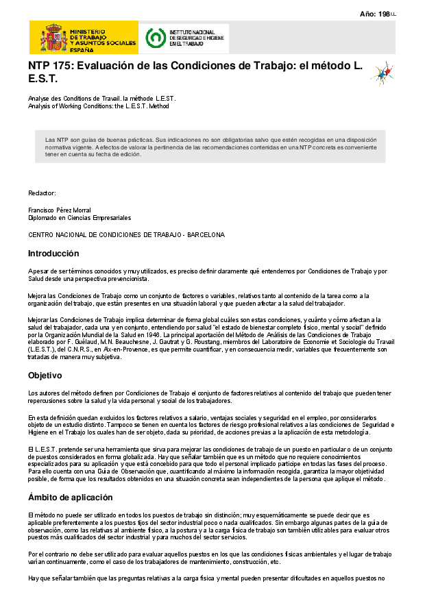 Primera página del documento NTP 175: Evaluación de las Condiciones de Trabajo: el método L.E.S.T.