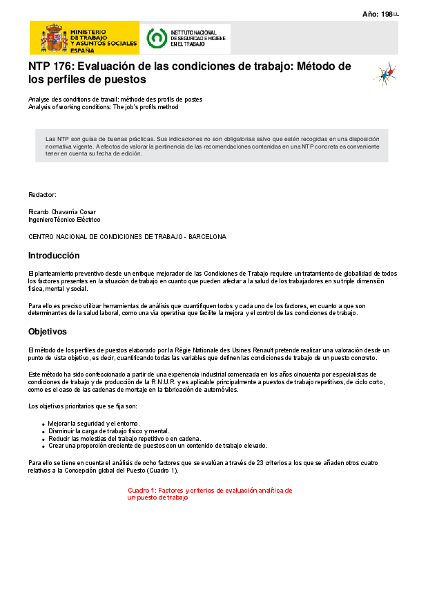 Primera página del documento NTP 176: Evaluación de las condiciones de trabajo: Método de los perfiles de puestos