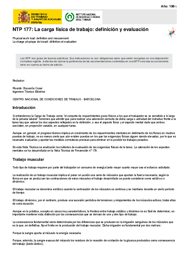 Primera página del documento NTP 177: La carga física de trabajo: definición y evaluación