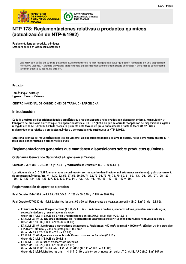 Primera página del documento NTP 178: Reglamentaciones relativas a productos químicos (actualización de NTP-8/1982)