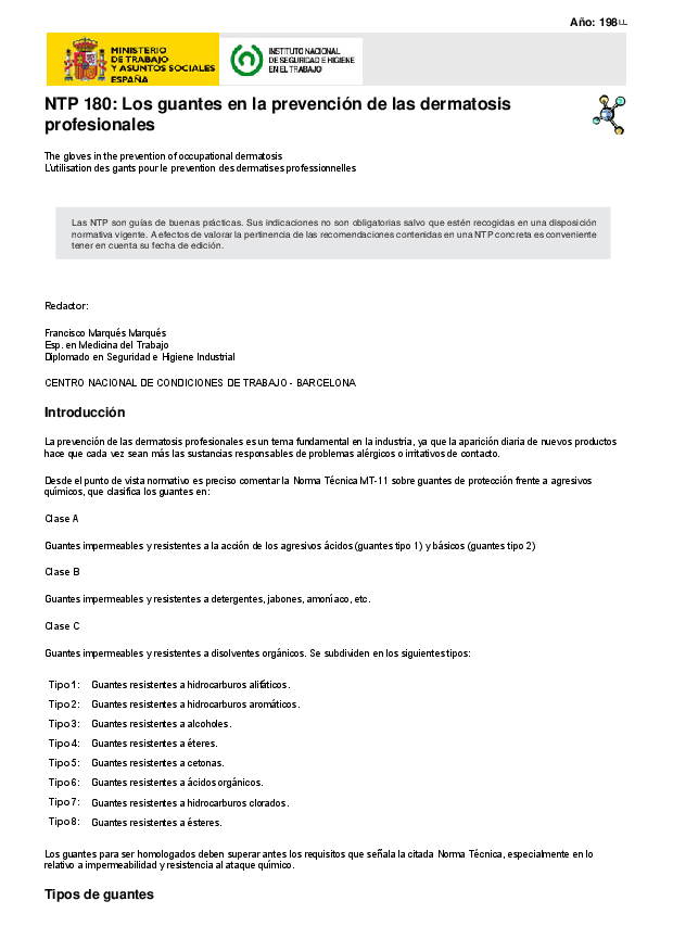 Primera página del documento NTP 180: Los guantes en la prevención de las dermatosis profesionales