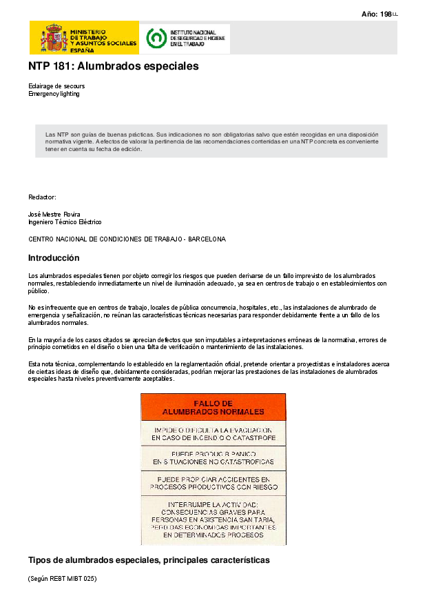 Primera página del documento NTP 181: Alumbrados especiales