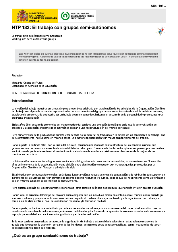 Primera página del documento NTP 183: El trabajo con grupos semi-autónomos