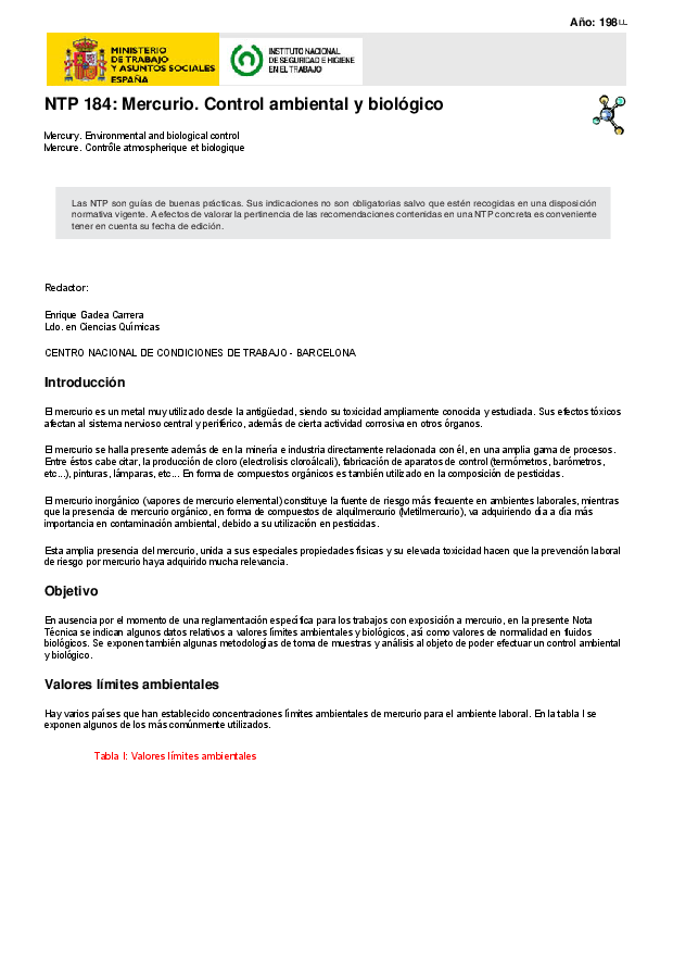 Primera página del documento NTP 184: Mercurio. Control ambiental y biológico