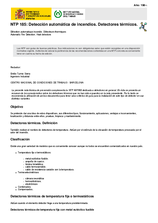 Primera página del documento NTP 185: Detección automática de incendios. Detectores térmicos.