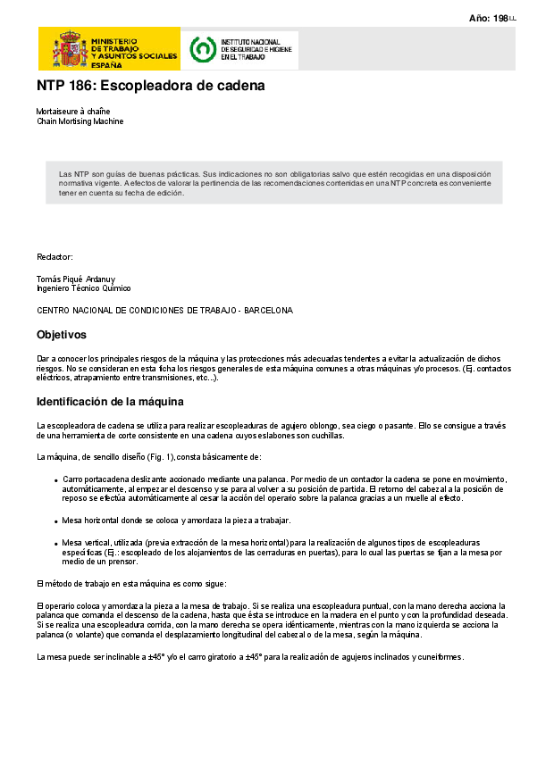 Primera página del documento NTP 186: Escopleadora de cadena