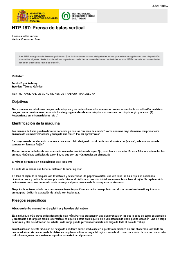 Primera página del documento NTP 187: Prensa de balas vertical